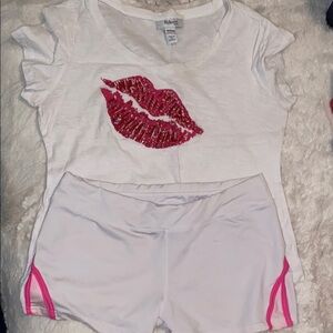 White Top and Shorts Set with Pink Sequin Lips sold together